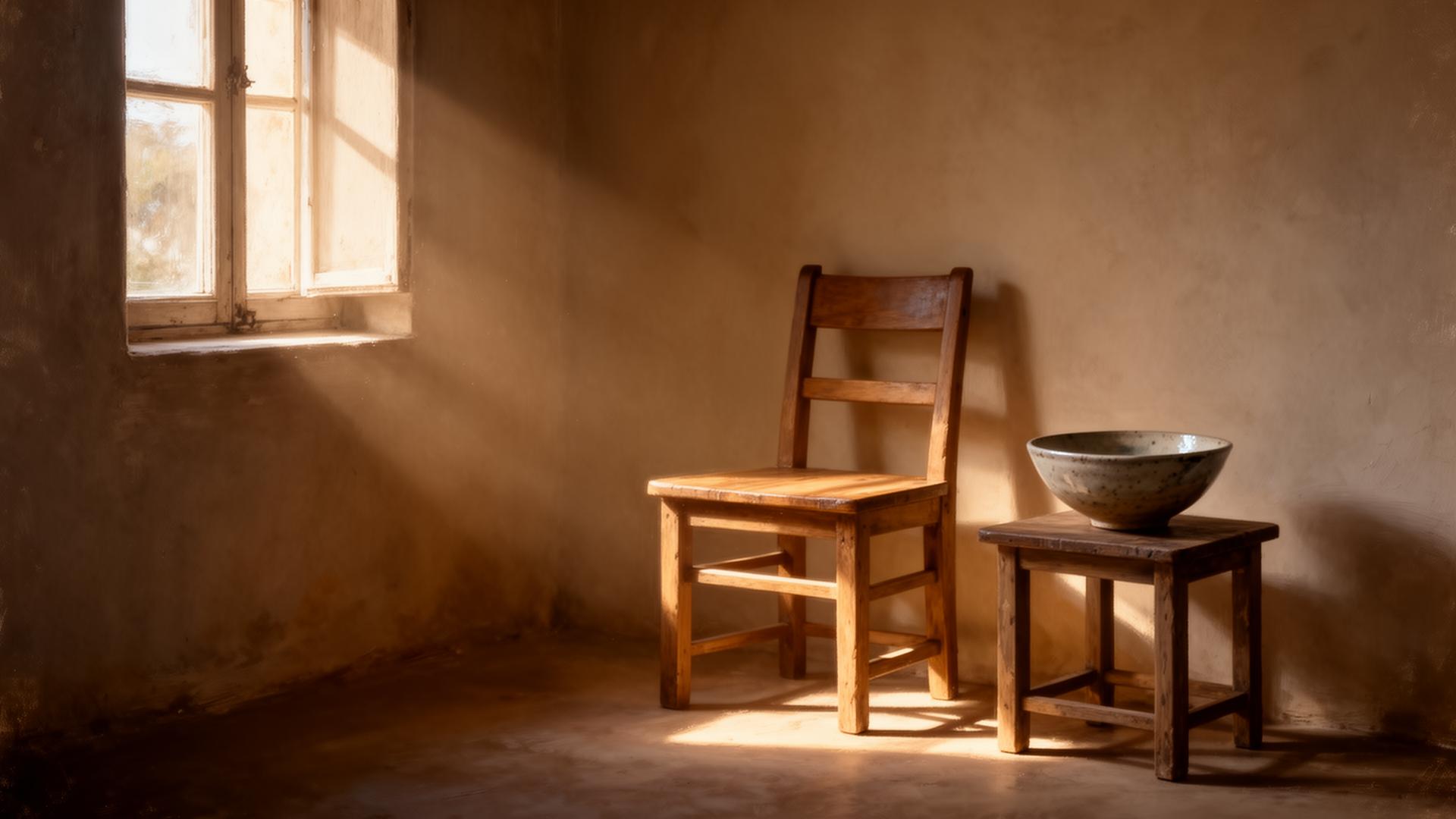 A quiet room with morning light, a wooden chair and a ceramic bowl—the space of presence.